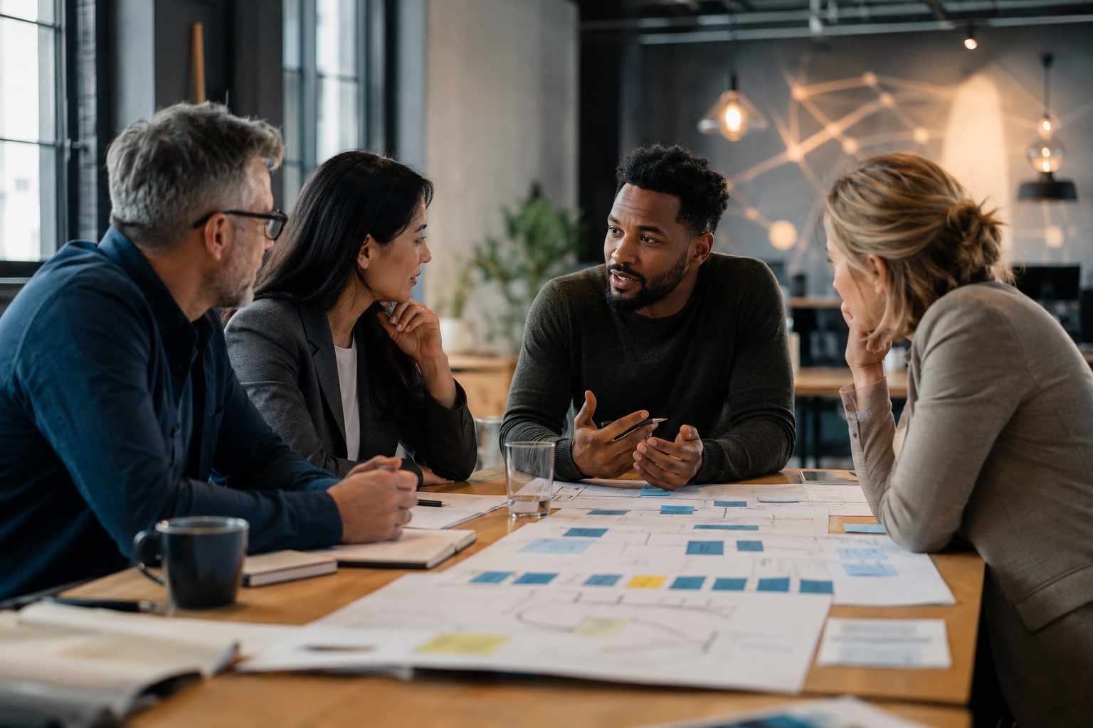 Business leaders collaborating in a human-centered systems workshop