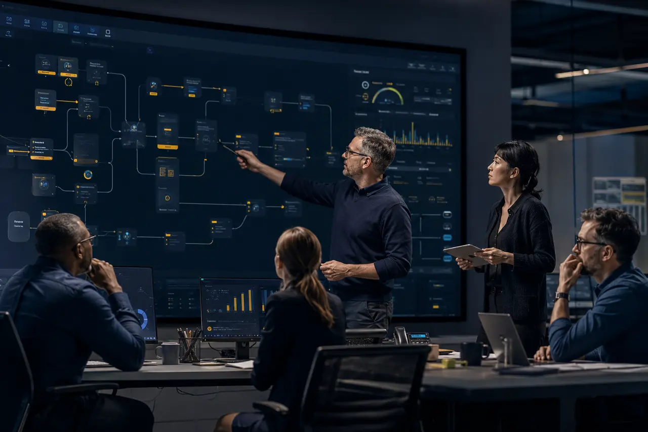 Operations team guiding an intelligent workflow wall