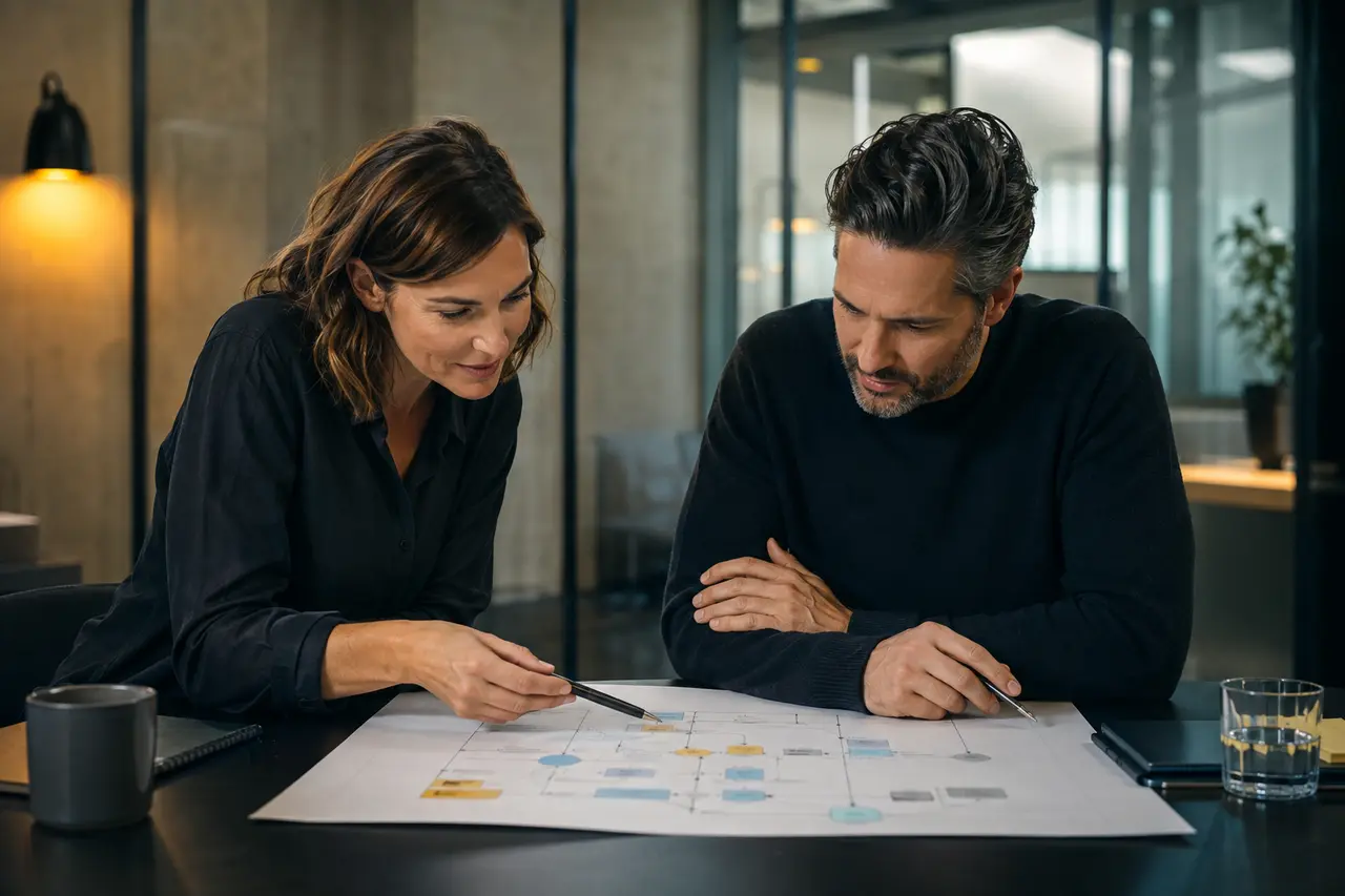 Founder and systems consultant reviewing a process together