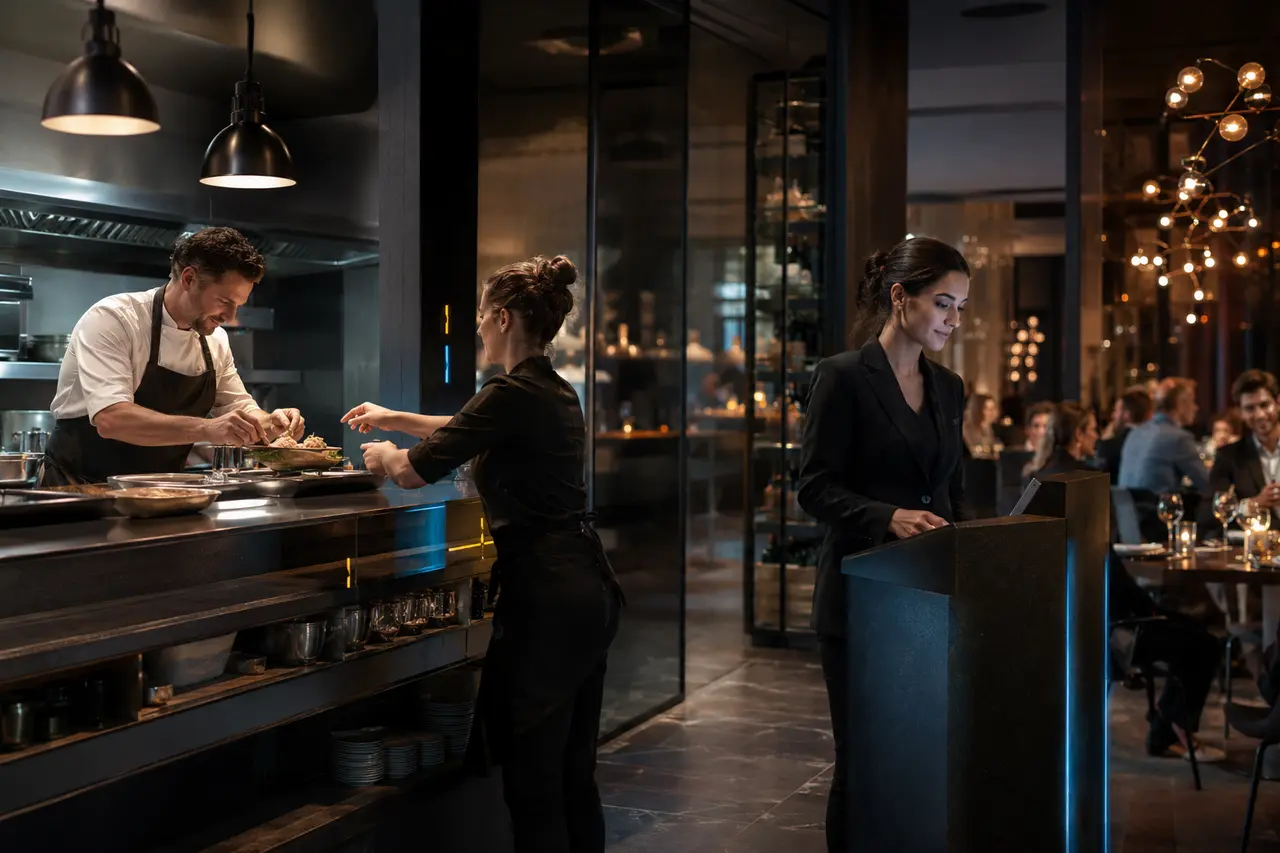 Restaurant team operating through a synchronized service flow