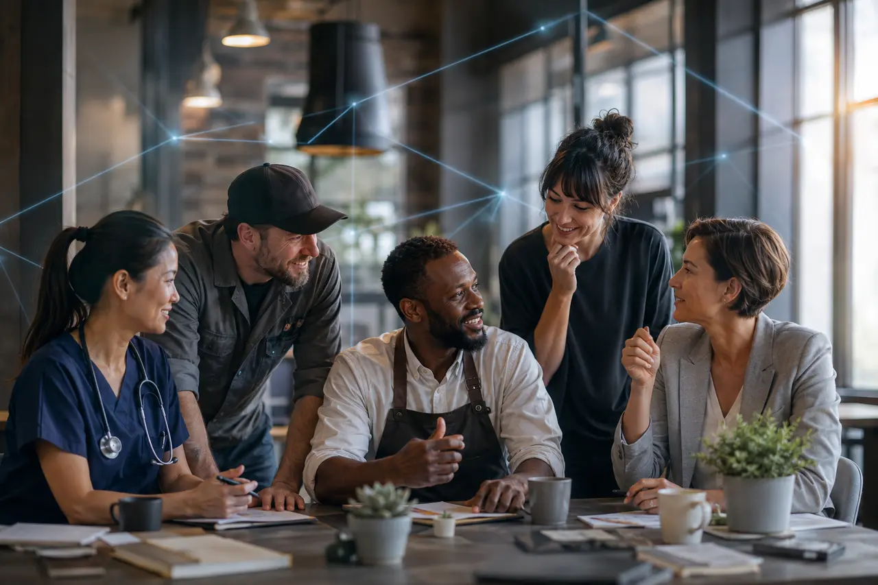 Local business owners gathered in a connected neighborhood workspace