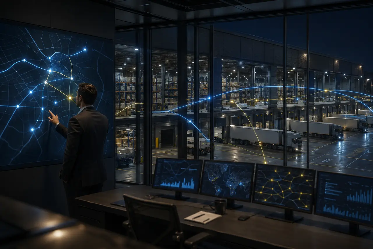Logistics routing and dispatch view with drivers and delivery statuses