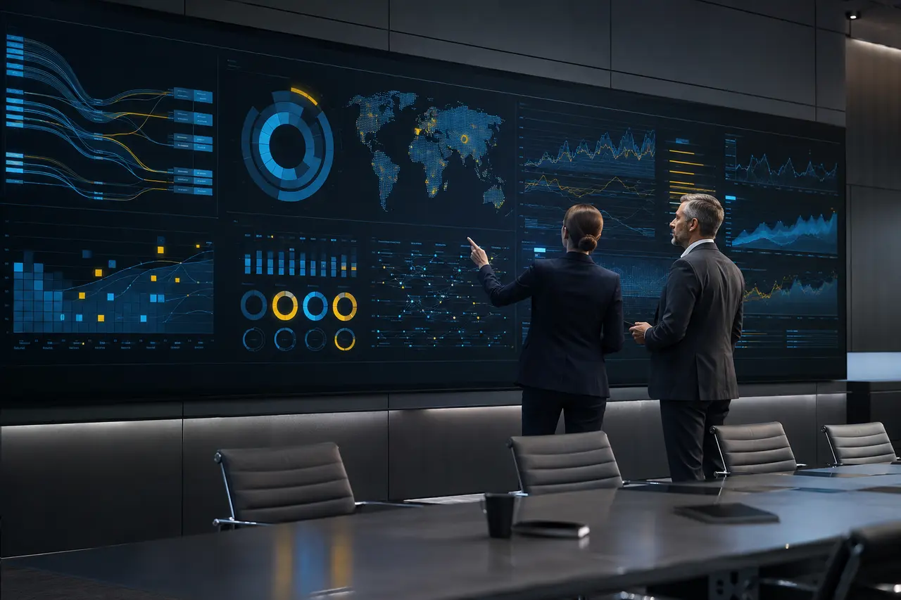 Operations dashboard showing open jobs, overdue tasks, and invoice aging