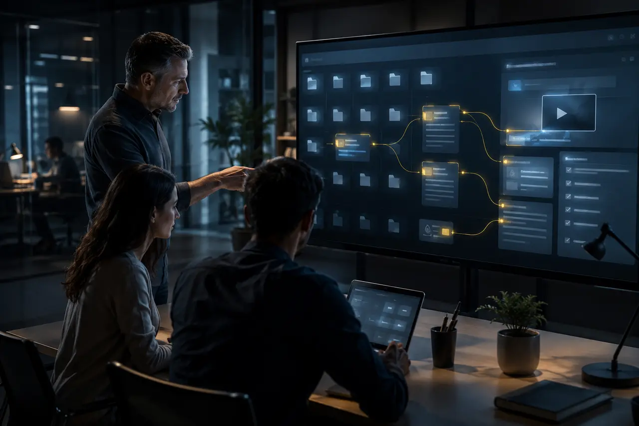 Employee using a knowledge and training hub with organized SOP categories and search