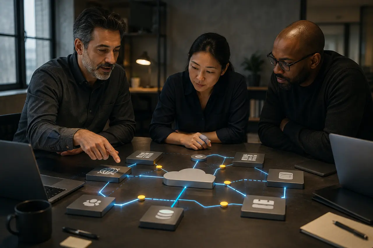Consulting team planning integrated client workflows
