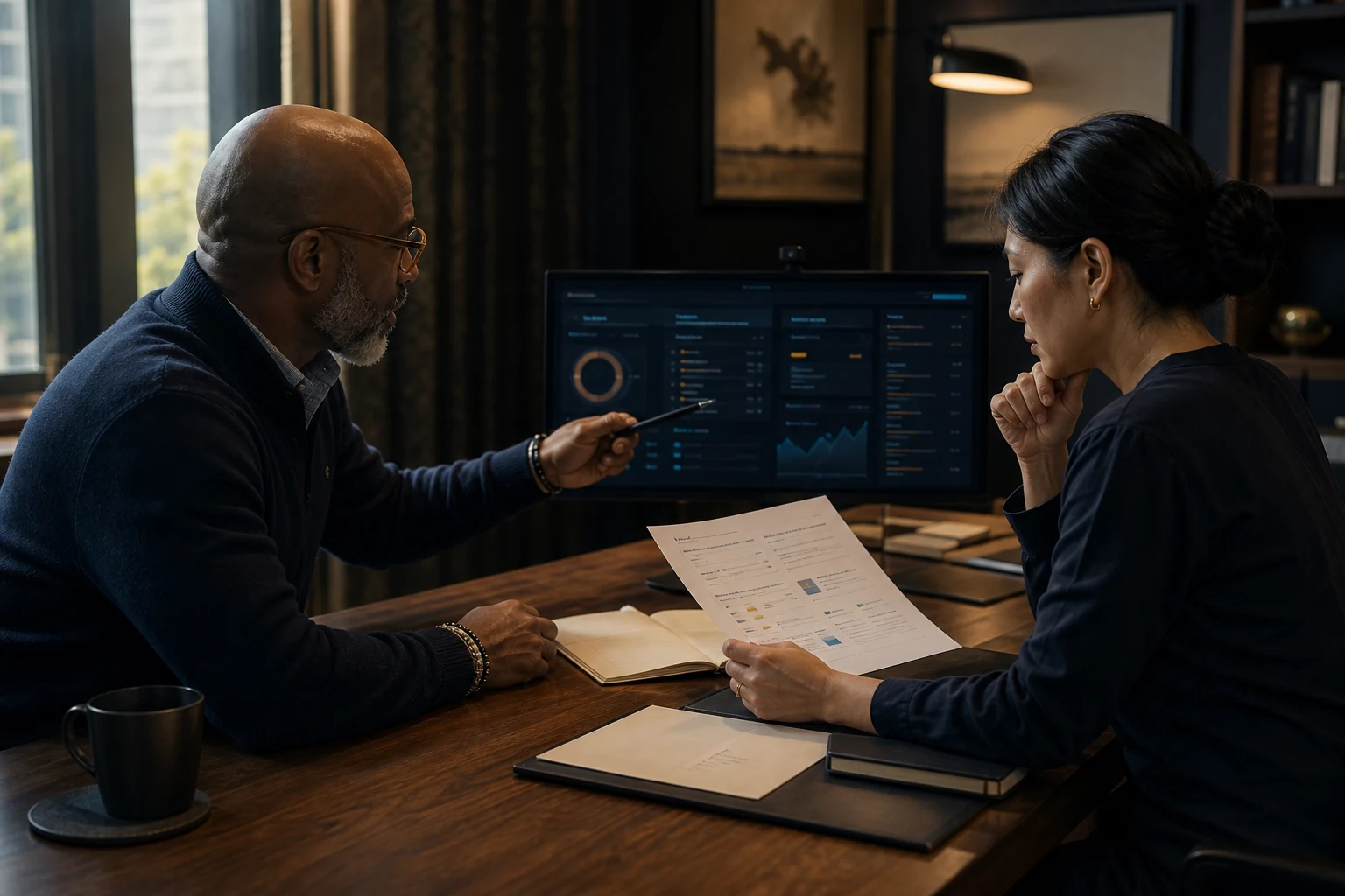 An executive and senior consultant reviewing a private AI chief-of-staff briefing and operating dashboard
