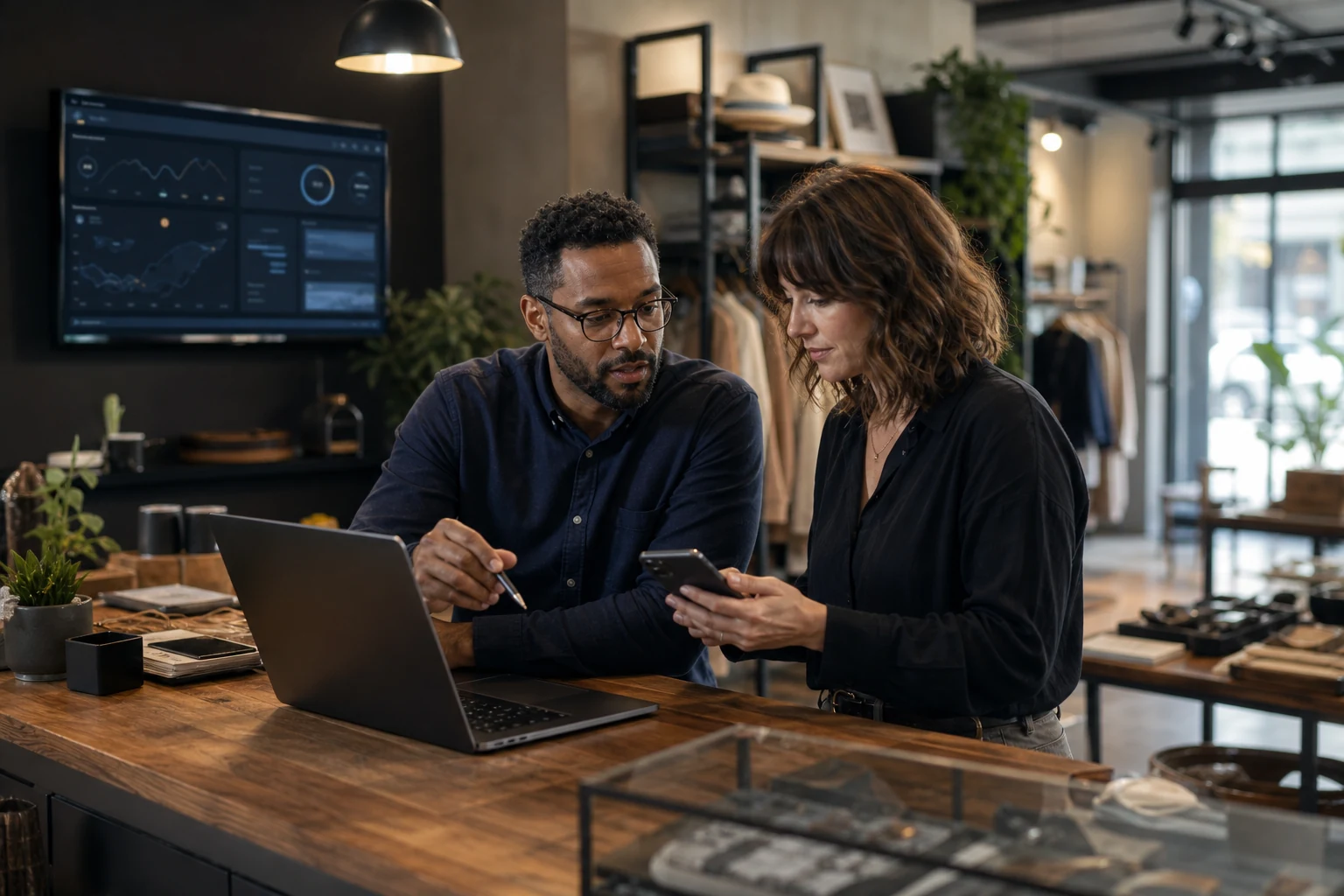 A retail owner and consultant reviewing an always-on private AI assistant across laptop and mobile devices