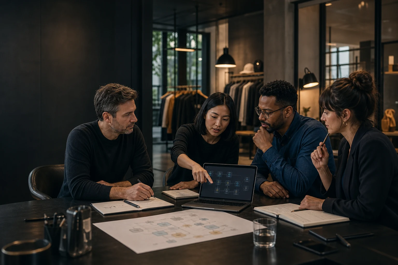 AI consultants and small-business clients collaborating on a private personal AI assistant in a boutique retail workspace